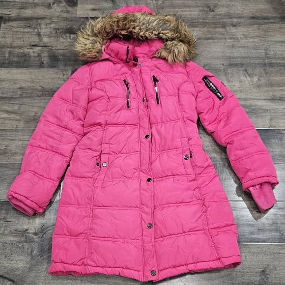 Bebe Vibrant Pink Puffer Jacket with Faux Fur - Picture 1 of 6